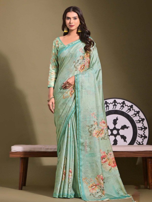 Aqua Tussar Silk Digital Print Saree